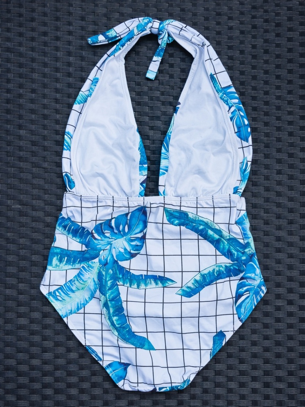 Tropical Halter One-Piece Swimsuit - Blue Leaf Print XL - Picture 4 of 4